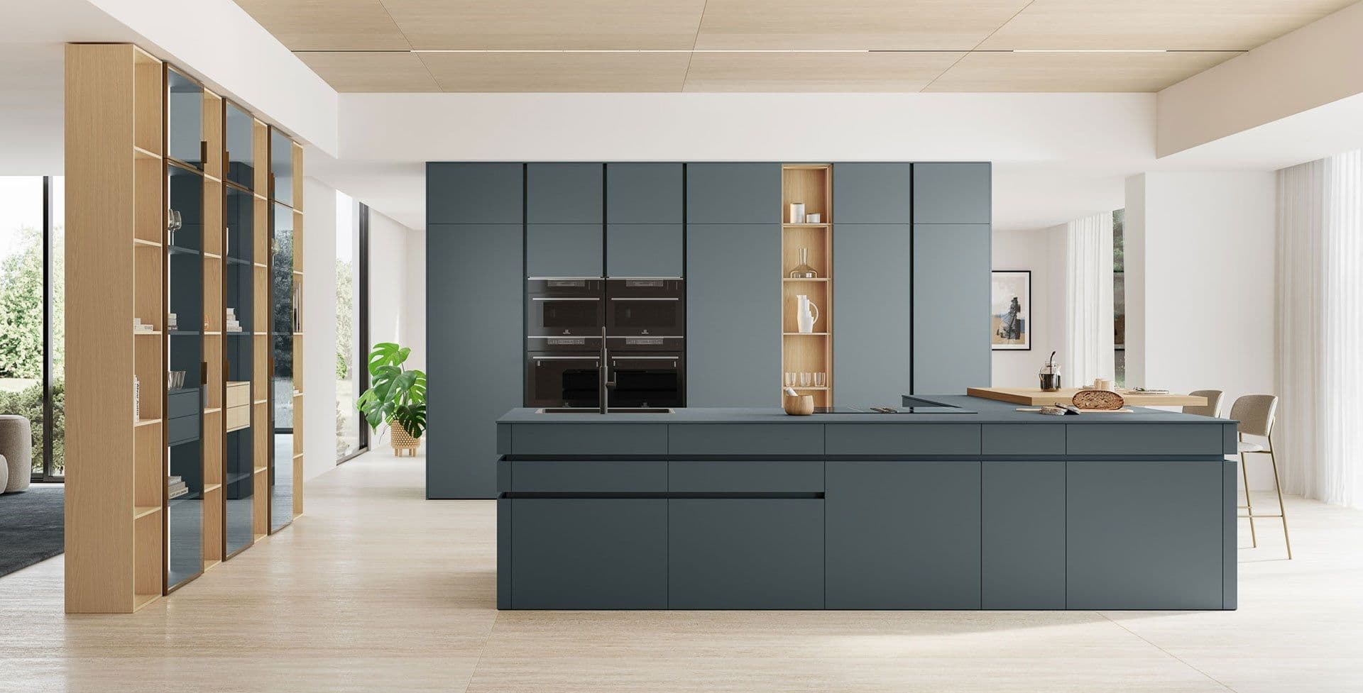 Cucina con isola rame/antracite e piano in marmo