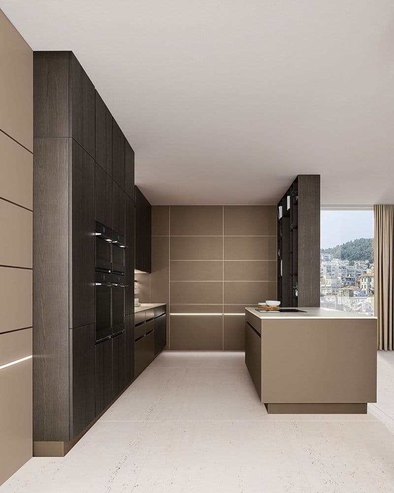 Composizione a isola dove Nuovo Living e Groove collegano la zona cottura alla zona di lavaggio e contenimento