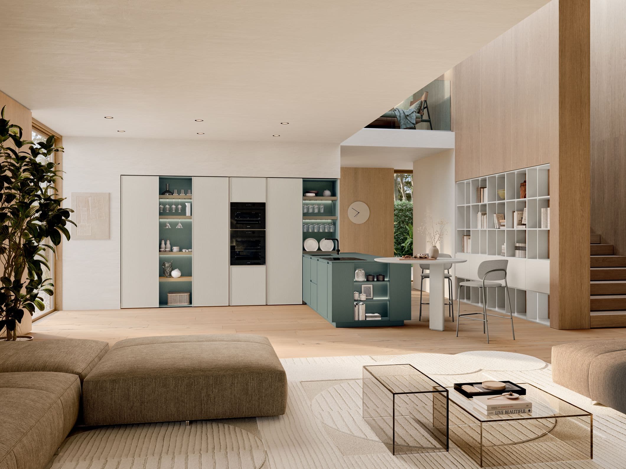 Sistema living blu petrolio con libreria integrata